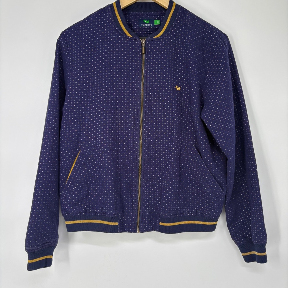 Ferrioni Womens Gold Polka Dot Bomber Jacket Size M Navy Blue Metallic Whimsical
